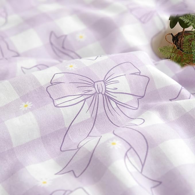 Purple Gingham Comforter Set Full for Girls, Light Purple Bowknot Bedding with Heart Pattern, 3 Pcs Checkered Plaid Quilted Comforter Set with 2 Pillowcases, 79"x90"