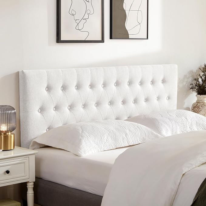 Upholstered Headboard California King, Adjustable Height 37''- 51'', White | Sturdy Durable Solid Wood Bed Headboard, Tufted Fabric California King Headboard, Modern Button Diamond Design Head Board