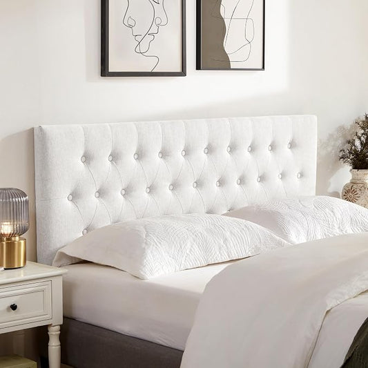 Upholstered Headboard California King, Adjustable Height 37''- 51'', White | Sturdy Durable Solid Wood Bed Headboard, Tufted Fabric California King Headboard, Modern Button Diamond Design Head Board