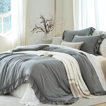 Grey Ruffle Comforter Set Queen, Pre-Washed Shabby Chic Bedding Set, Lightweight Cottagecore Soft Romantic Cozy 1 Comforter & 2 Shams, All-Season