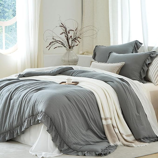 Grey Ruffle Comforter Set Twin, Pre-Washed Shabby Chic Bedding Set, Lightweight Cottagecore Soft Romantic Cozy 1 Comforter & 1 Sham, All-Season