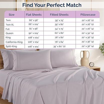 Casa Platino 100% Cotton Cal King Size Sheets – Crisp Percale Sheets Cal King with 4 Pillowcases, with 15" Deep Pocket Sheet for Secure Fit, Ultra Soft & Cozy, Excellent Quality & Fit – Grey Lavender