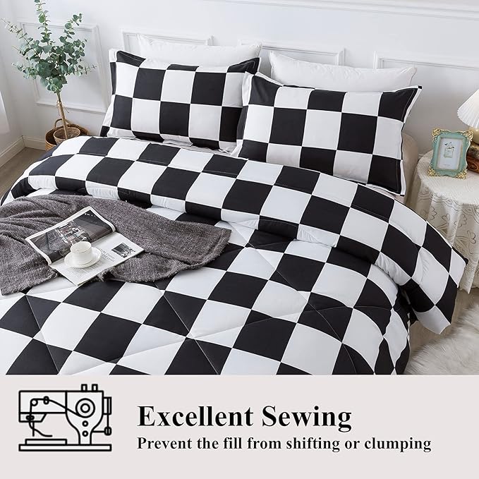 Andency Checkered Comforter Twin(66x90Inch), Black White Plaid Gingham Bed Set for Teen Boys Kids, Lightweight Polyester Geometric Preppy Bedding, 2 Pieces