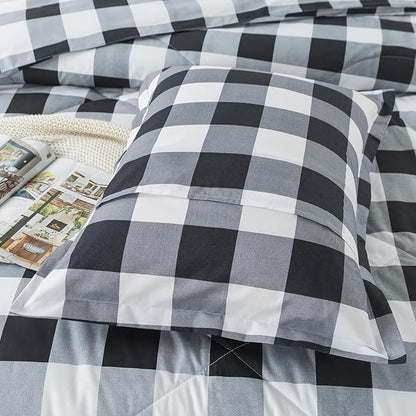 Caressma King Comforter Set Black and White (104x90 Inch), 3 Pieces Buffalo Plaid Comforter Bedding Set, Stylish Geometric Plaid Fluffy Home Decor for All Seasons