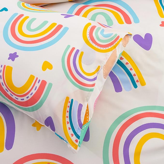 Btargot 3 Piece Kids Rainbow Comforter Set with 2 Pillow Covers, Cartoon Love Hearts Suns and Stars Bedding Set for Girls Boys Kids, Twin Beige