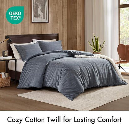 Woolrich Queen Duvet Cover Set Cotton Stone Washed, Oversized Duvet Cover for Queen Size Bed, All Season Soft Queen Size Bedding Cover, McKenzie, Full/Queen Blue 3 Piece
