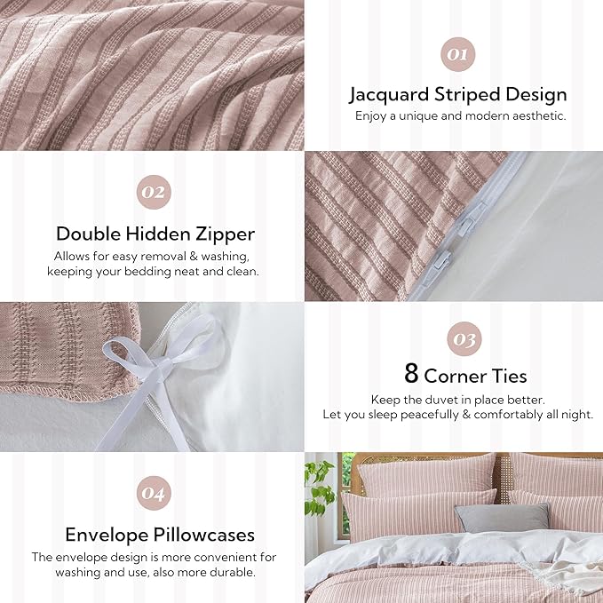 MILDLY Jacquard Stripe Duvet Cover - 100% Washed Cotton Pale Mauve Boho Textured Comforter Cover Set with Zipper Closure 104"x90"