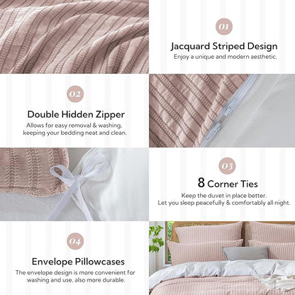 MILDLY Jacquard Stripe Duvet Cover - 100% Washed Cotton Pale Mauve Boho Textured Comforter Cover Set with Zipper Closure 80"x90"