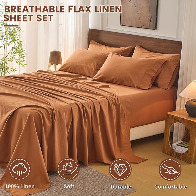 Bedlifes 100% French Linen Sheets California King Size 18-24" Extra Deep Pocket 4-Piece Set Breathable & Moisture-Wicking,Soft & Durable Sheets for Thick Mattresses(Brown)