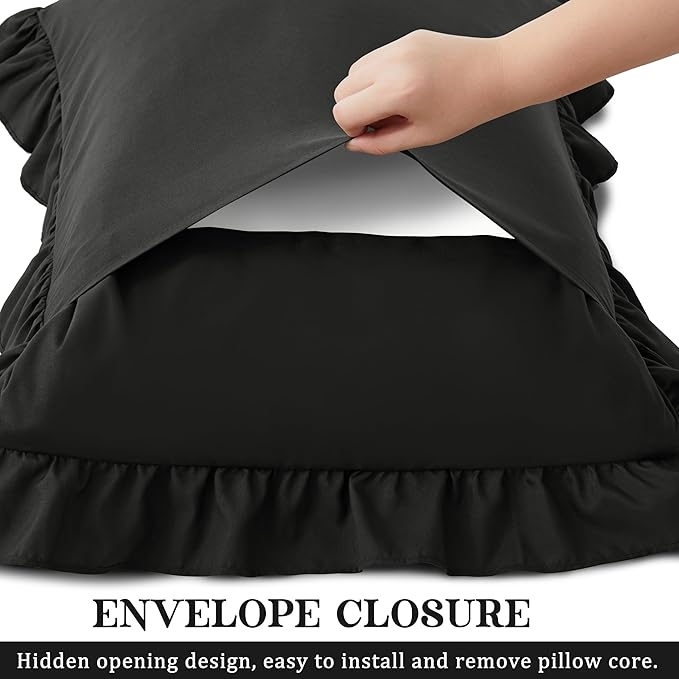 KKJIAF Ruffle Pillow Cases Standard Size Set of 2, Ruffled Pillow Covers with Envelope Closure, Wrinkle Resistant Pillowcases 20" x 26", Ruffled Pillow Shams, Black