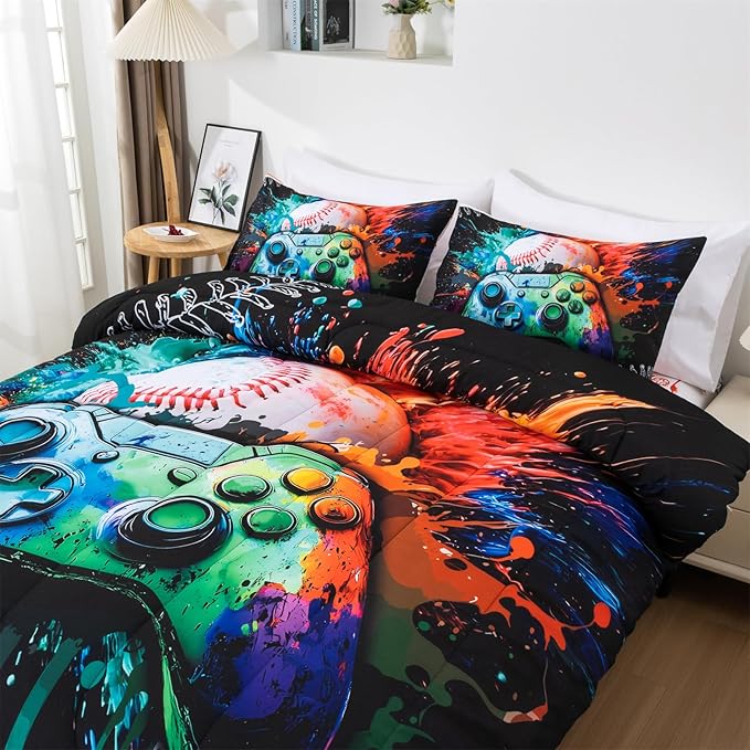 Aimuan Gamer Gaming Bedding Sets 3D Gamepad Comforter Sets for Boys Games Console Action Buttons Novelty Colorful Game Controller Modern Room Decor Home Quilt Set (Green, Twin)
