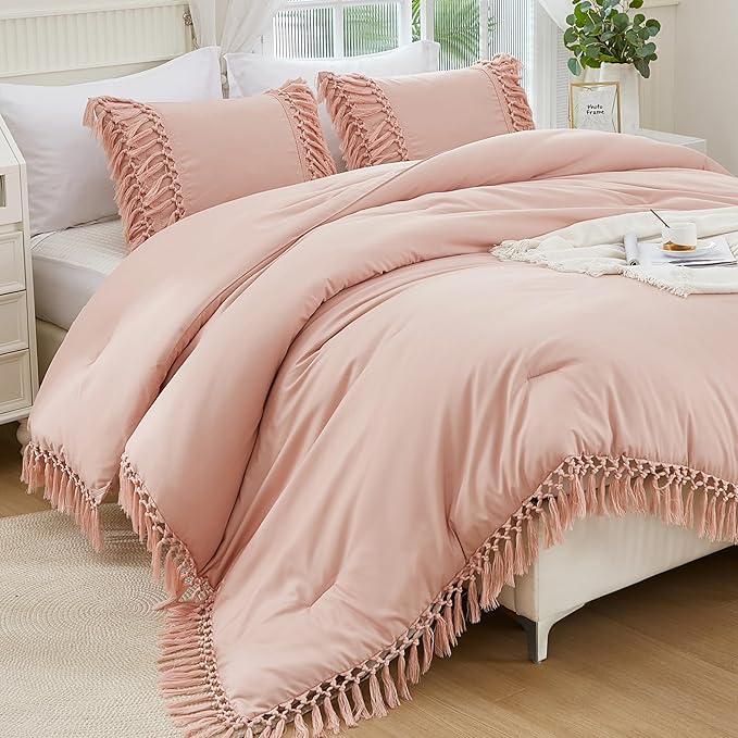 Andency Pink Full Size Comforter Set, 3 Pieces Boho Tassel Lightweight Soft Bedding Comforter Sets, All Season Fluffy Fringe Bed Set (79x90In Comforter & 2 Pillowcases)