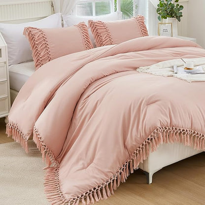 Andency Pink Full Size Comforter Set, 3 Pieces Boho Tassel Lightweight Soft Bedding Comforter Sets, All Season Fluffy Fringe Bed Set (79x90In Comforter & 2 Pillowcases)
