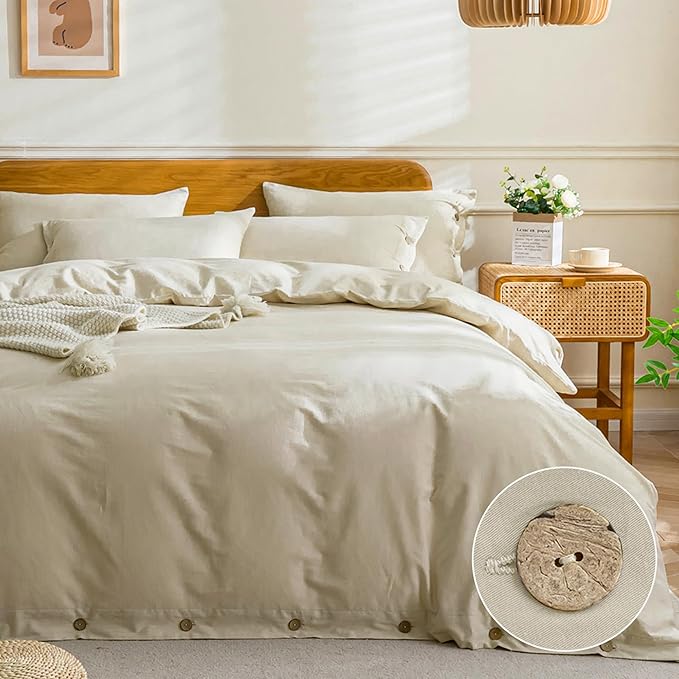 JELLYMONI Cotton Duvet Cover Twin Size - Light Khaki Comforter Cover with Button 100% Washed Cotton 2PCS Breathable Soft Solid Bedding Set Duvet Cover 68×90in & 1 Pillowcase (NO Comforter)