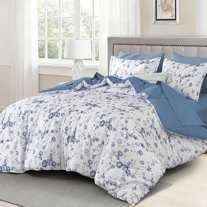 Luxudecor Floral Queen Comforter Set 7 Pieces Bed in a Bag, Blue Rose Romantic Flower Bed Set, Soft Reversible Comforter with Sheet Set 90"x90"