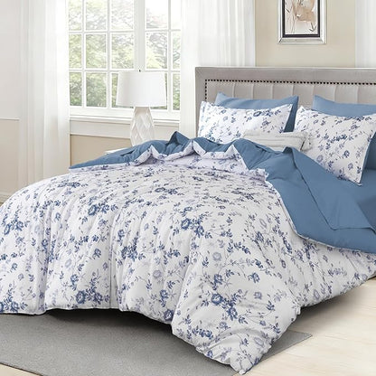 Luxudecor Floral Queen Comforter Set 7 Pieces Bed in a Bag, Blue Rose Romantic Flower Bed Set, Soft Reversible Comforter with Sheet Set 90"x90"