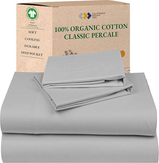 California Design Den California King Sheets Set - Soft 100% Organic Cotton Sheets with Deep Pockets, Crisp Percale, Breathable and Durable Bedding Set - Light Grey
