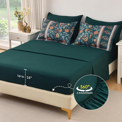 Dinjoy Boho Comforter Set Queen,Dark Green Bedding Paisley Floral 7 Piece Bed in a Bag Reversible Lightweight Bohemain Comforters with Sheet Sets for All Season