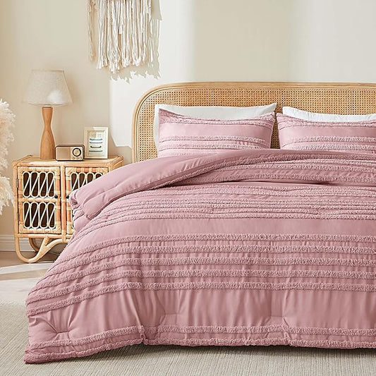 BEDELITE Boho King Size Comforter Set - Dusty Pink Tufted Striped Bed Set 3 Pieces, Soft Vintage Farmhouse Comforter for All Seasons, Boho Home Decor,Fluffy Jacquard Bedding with Pillow Sham