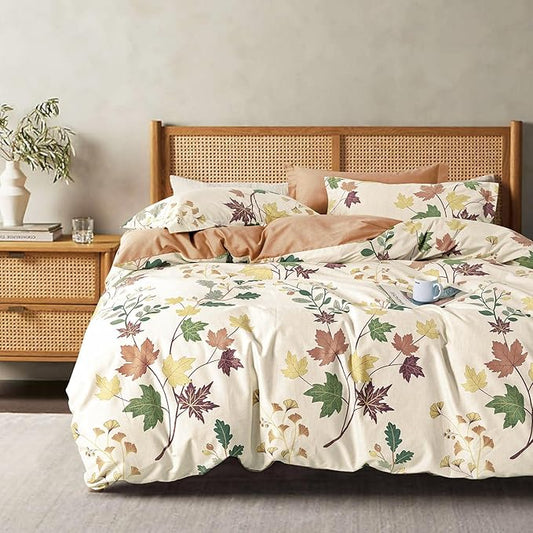 Botanical Cotton Comforter King Size - Luxurious Design with Maple Leaves and Branches on Beige, Textured Maple Orange Back, 3PC Lightweight Bedding Set with Ultra-Soft Alternative Fill