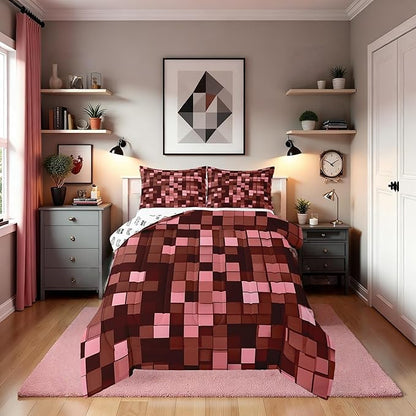 Miners Pixel Checked Kids Bedding Set King Size,Video Games Check Lattice Comforter Set，Game Cartoon Gamepad Quilt Comforter,Dark Red Bedroom Duvet Insert,2 Pillowcases