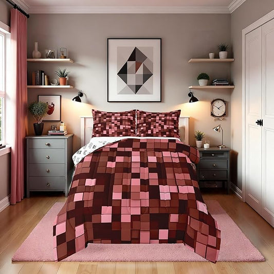 Miners Pixel Checked Kids Bedding Set King Size,Video Games Check Lattice Comforter Set，Game Cartoon Gamepad Quilt Comforter,Dark Red Bedroom Duvet Insert,2 Pillowcases