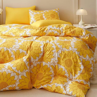 Houseri Yellow Floral Comforter Set Queen 3 Piece Yellow Sunflower Bedding Queen Size Lightweight Aesthetic White and Yellow Botanical Bed Set Soft Comfy Quilt Blanket Queen