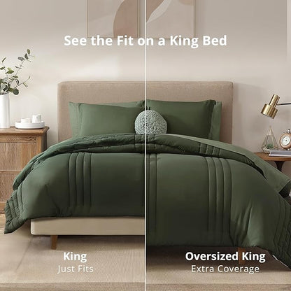 Monbix Oversized King Size Comforter Set - 7 Pieces Olive Green Bed in a Bag Oversized King Bedding Sets with Comforters, All Seasons Comforter Bed Set with Sheets, Pillowcases & Shams