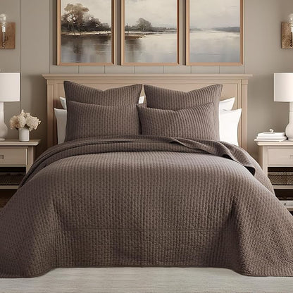 Levtex Home Cross Stitch Reversible Twin Bedspread Set (84x104in) with 1 Pillow Sham (26x20in) - Stitch Texture - Cocoa - Cotton Twin Size Bedspread Set - Lightweight, Soft, Pre-Washed