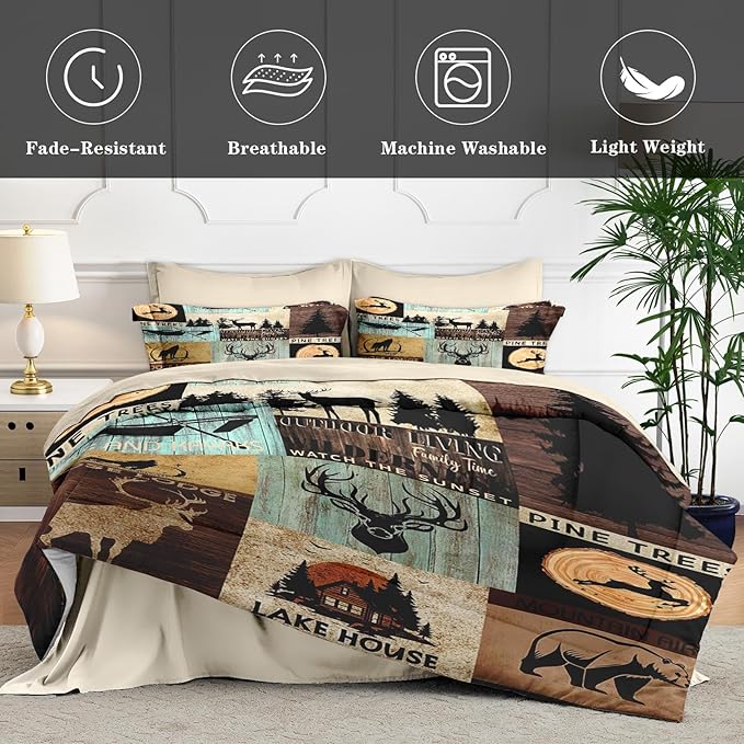 7 Pcs King Size Comforter Set with 2 Pillowcases & 2 Shams, Pine Animal Hunting Deer Bedding for Kids and Adults, Bear Wolf Tree Woodboard Bed in a Bag with Flat Fitted Sheet
