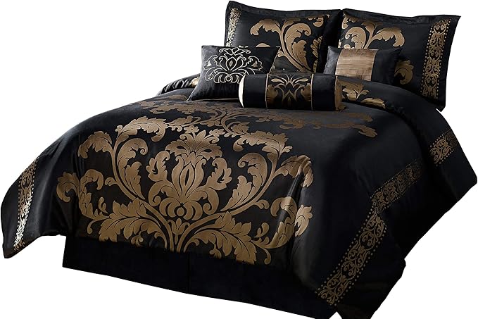 Chezmoi Collection Royale 7-Piece Jacquard Floral Comforter Set, Oversized Queen, Black/Gold