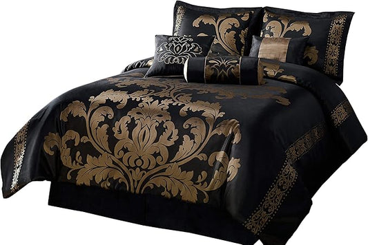 Chezmoi Collection Royale 7-Piece Jacquard Floral Comforter Set, Queen, Black/Gold