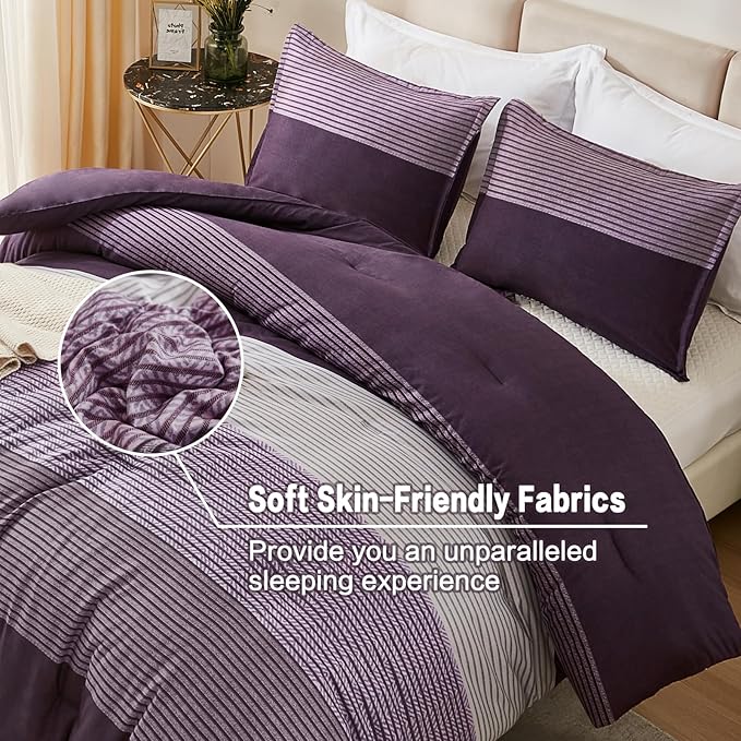 Litanika Purple King Comforter Set, 3 Pieces Striped Bedding Set, Lightweight Soft All Season Down Alternative Comforter Set with Corner Loops (1 Gray&Purple Comforter, 2 Pillowcases)