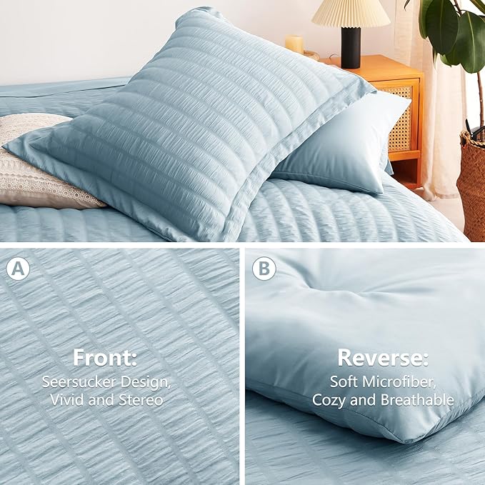 CozyLux Queen Comforter Set Light Blue Seersucker 7 Pieces Bed in a Bag Queen Comforter Set with Sheets, Luxury Soft Bedding Set with Down Alternative Comforter, Sheets, Pillowcases & Shams All Season