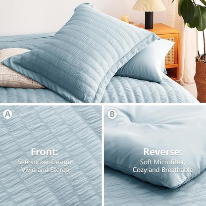 CozyLux Full Size Comforter Sets with Sheets 7 Pieces, Light Blue Seersucker Bed in a Bag Textured Luxury Soft Bedding Set with Down Alternative Comforter, Sheets, Pillowcases & Shams for All Seasons