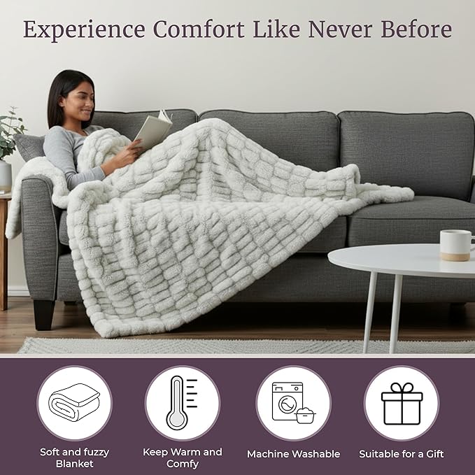 Oversized Ruched Faux Fur Blanket - 60x80-Inch Jacquard Faux Fur Queen-Size Throw for Sofas and Beds - Luxurious Bedding by Lavish Home (Gray)