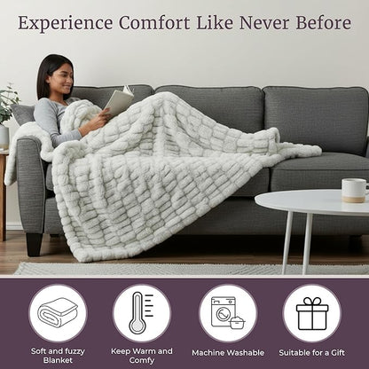 Oversized Ruched Faux Fur Blanket - 60x80-Inch Jacquard Faux Fur Queen-Size Throw for Sofas and Beds - Luxurious Bedding by Lavish Home (Gray)