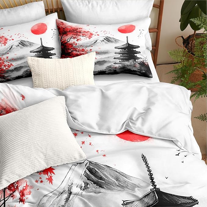 Japanese Style Botanical Comforter Set Twin Size, 2 Pieces Classical Architecture Art Painting Lightweight Summer Comforter with 1 Pillow Case, Ultra Soft Microfiber Bedding Set(68" X 86")