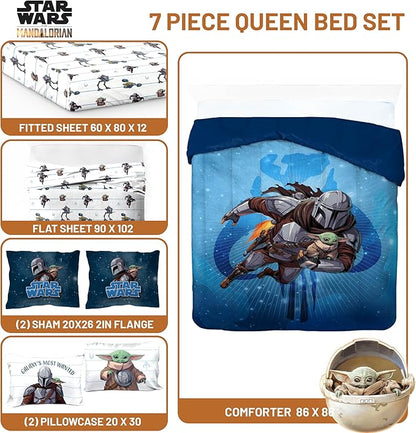 Jay Franco Kids Comforter Set Includes Sheets and Pillow Covers - Soft and Cozy Bed Set for Stylish Room Decor, Official Licensed Bedding, Blue - The Mandalorian, 7 Piece Queen