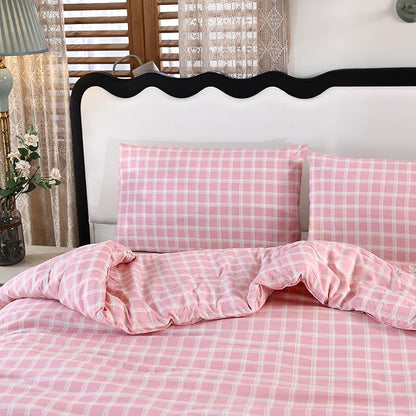 SDIII 3PCS Pink Gingham Comforter Set Full 100% Washed Microfiber Lightweight Pink Gingham Bedding Full Farmhouse Shabby Chic Checkered All Season