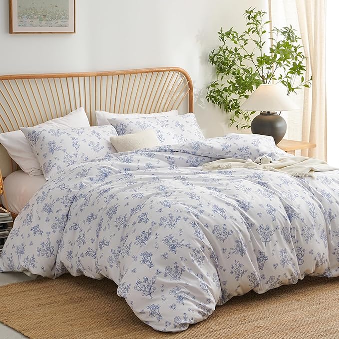 Nayoroom Blue Floral Duvet Cover Twin Size Cottagecore Flower Leaf Spring Comforter Cover 2 Pcs Soft Breathable Microfiber Pastoral Aesthetic Bedding Set with Zipper Closure