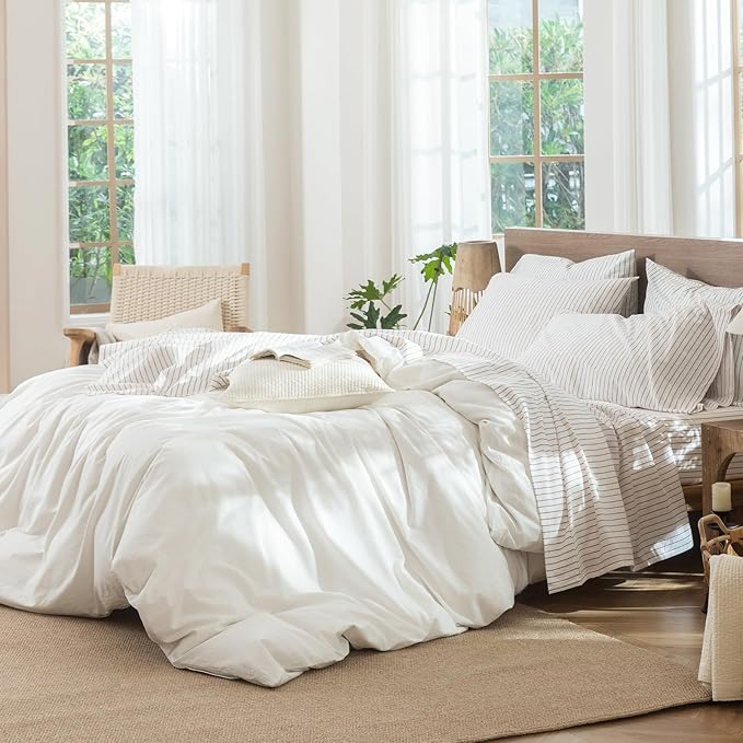 MooMee Stripes Fitted Bottom Sheet Only 100% Washed Cotton Linen Like Textured Breathable Durable Soft Comfy Deep Pocket (White Orange Wide Stripes, King)
