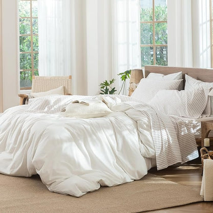 MooMee Stripes Fitted Bottom Sheet Only 100% Washed Cotton Linen Like Textured Breathable Durable Soft Comfy Deep Pocket (White Almond Milk Grey Wide Stripes, King)