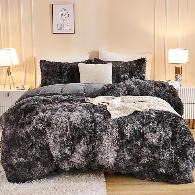 Andency Faux Fur Tie-Dyed Dark Grey Comforter King Size, 3 Pieces Fluffy Fuzzy Plush Bedding Comforter Set (1 Shaggy Velvet Comforter & 2 Pillowcases), Soft Puffy Comfy Down Comforter Bedding Set