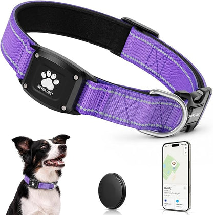 GPS Dog Collar Tracker 2-in-1,Reflective Waterproof Pet Collar,iOS-Only,No Monthly Fees,Unlimited Range,Dog Tracking Collar Pet Tracker,for Small Medium Large Dogs(M (14.5"-19.5"), Purple)