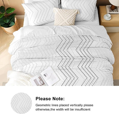 Litanika White Comforter Queen Size Set with Sheets - 7 Pieces Boho Bed in a Bag Chevron Tufted Complete Bedding Sets Lightweight All Season Bed Set with Comforter, Sheets, Pillowcases & Shams