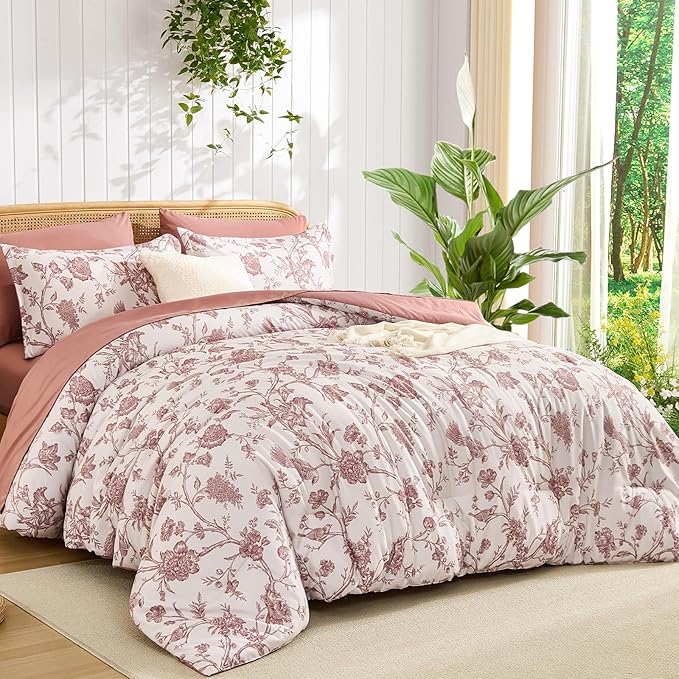 Luxudecor Floral Comforter Set Queen Size 7 Pieces, Blush Pink Flower with Bird Bed in a Bag, Soft Reversible Comforter with Sheet Bed Set 90"x90"