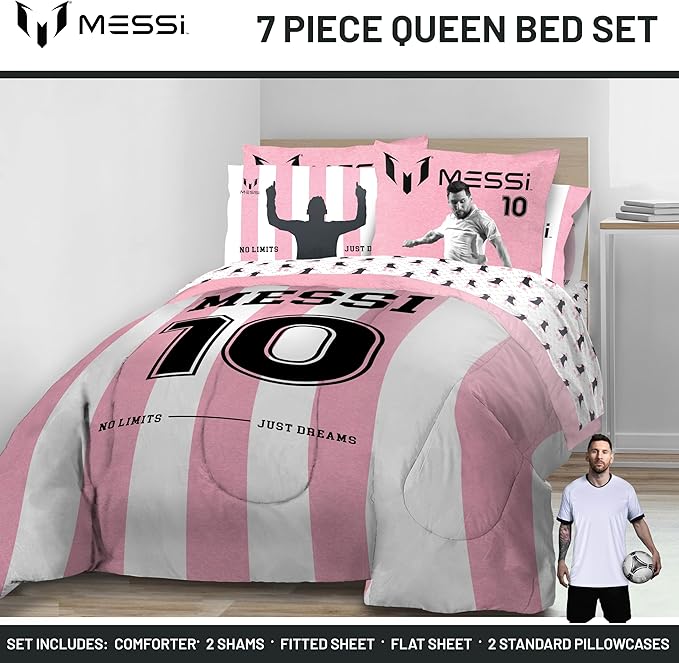 Jay Franco Kids Comforter Set Includes Sheets and Pillow Covers - Soft and Cozy Bed Set for Stylish Room Decor, Official Licensed Bedding, Pink - Messi, 7 Piece Queen
