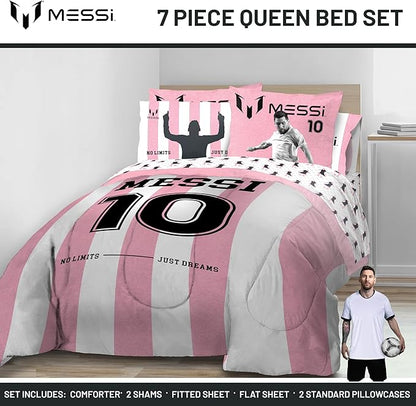 Jay Franco Kids Comforter Set Includes Sheets and Pillow Covers - Soft and Cozy Bed Set for Stylish Room Decor, Official Licensed Bedding, Pink - Messi, 7 Piece Queen