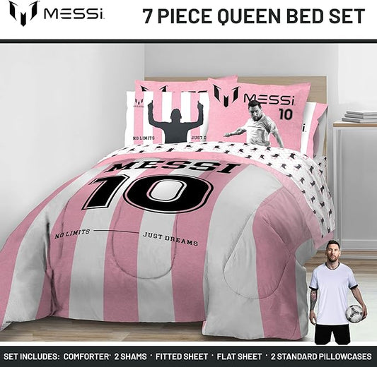 Jay Franco Kids Comforter Set Includes Sheets and Pillow Covers - Soft and Cozy Bed Set for Stylish Room Decor, Official Licensed Bedding, Pink - Messi, 7 Piece Queen